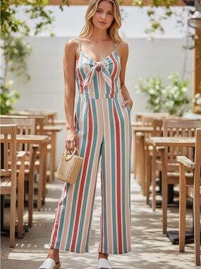 Small | Romeo & Juliet Couture Striped Wide-Leg Jumpsuit - Coral, Teal & Cream